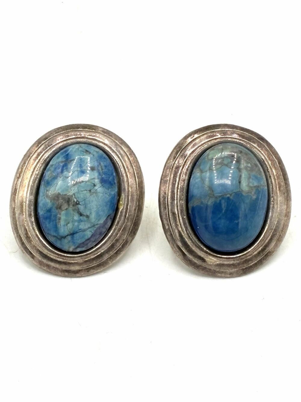 Vintage Sterling Silver Blue Cabochon Clip Earrings Oval Bezel Set Sodalite 1”